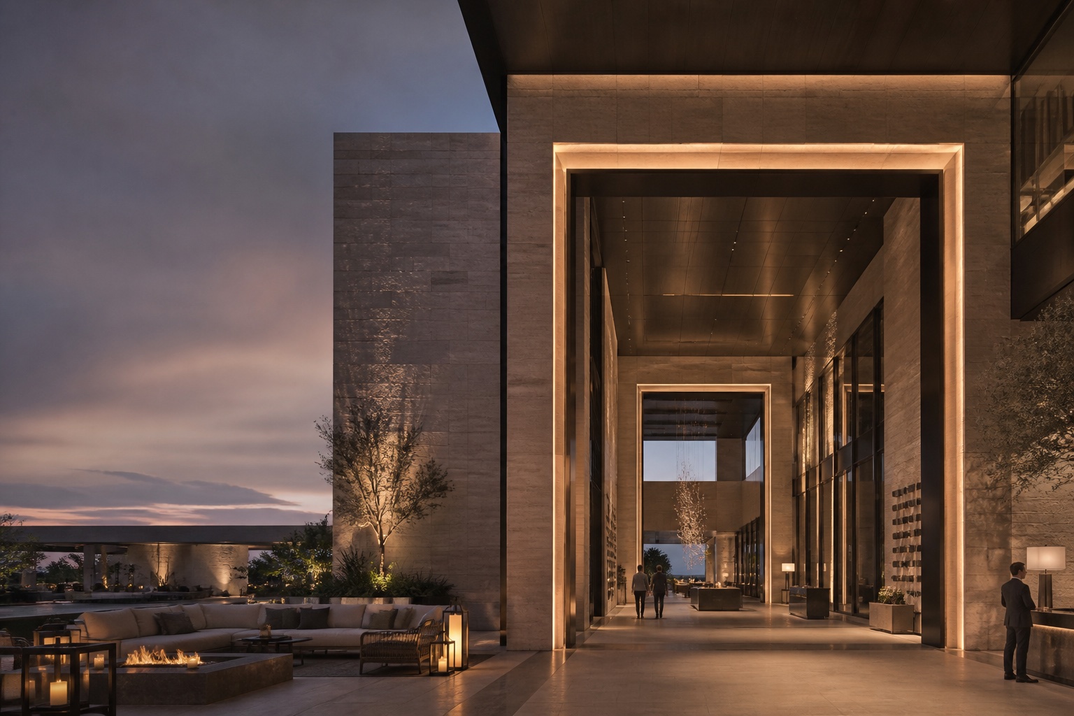 Illuminated mineral-stone gateway leading into a refined resort interior